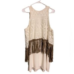 JUDITH MARCH Knit w/Lace Overlay WESTERN Brown Fringe SHIFT DRESS Sz L
